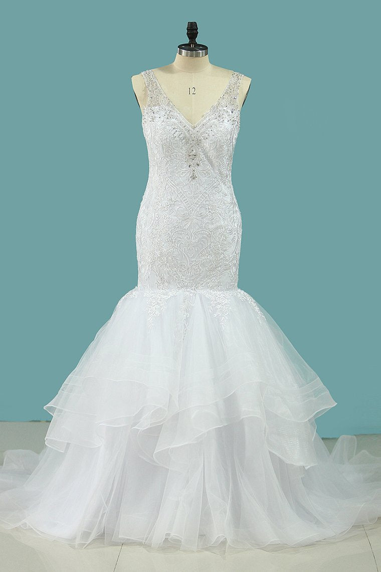 Tulle Mermaid Wedding Dresses Straps Beaded Neckline Court Train