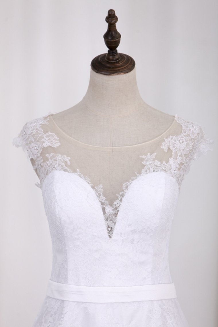 V Neck A Line Wedding Dresses Lace With Sash Court Train