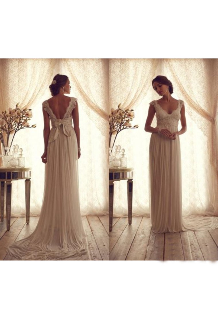 2024 V Neck Cap Sleeves Wedding Dresses Chiffon Floor Length With Applique Backless