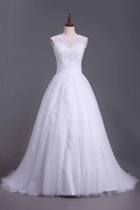 2024 Wedding Dresses A Line Open Back Scoop Tulle With Applique And Beads