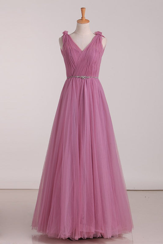 V Neck Ruched Bodice Beaded Waistline Bridesmaid Dresses Tulle A Line