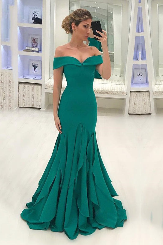 2024 Off The Shoulder Mermaid Chiffon Prom Dresses Sweep Train