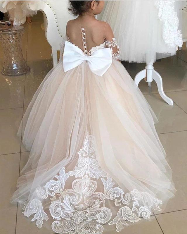 Ball Gown Long Sleeve Tulle Appliques Flower Girl Dresses with Bowknot, Baby Dresses SJS15560