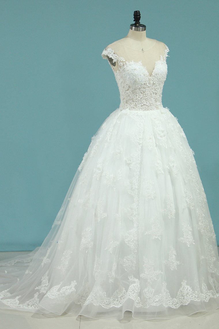 Wedding Dresses Short Sleeves Scoop A Line Tulle With Applique