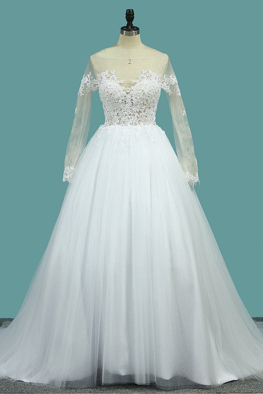 Wedding Dresses Bateau Long Sleeves A Line With Applique Tulle Open Back