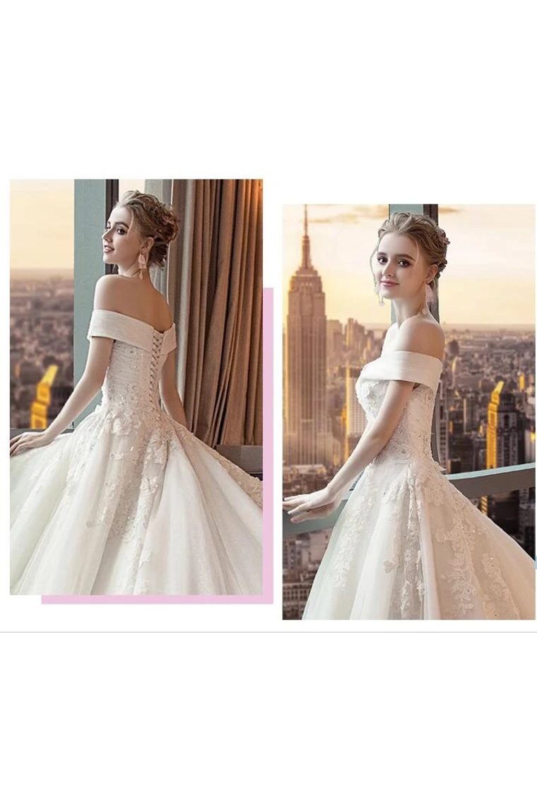 Gorgeous Off The Shoulder Lace Cathedral Train Wedding Dresses Princess Bridal SRSPT58L82L