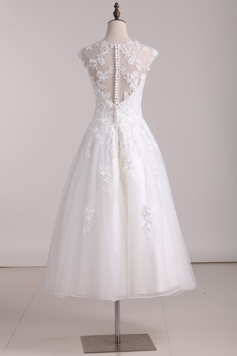 2024 New Arrival Square A Line Wedding Dresses With Applique Tulle Tea Length