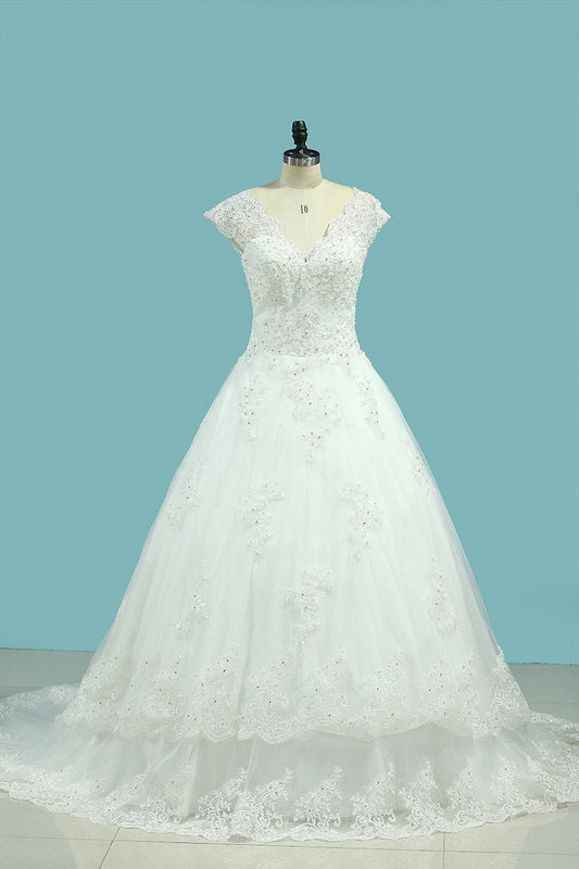 2024 A Line V Neck Wedding Dresses Tulle With Applique And Beads Lace Up