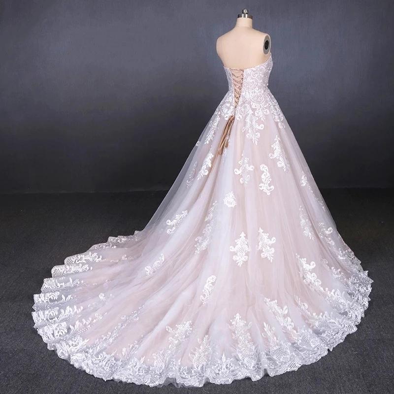 Ball Gown Strapless Wedding Dresses with Lace Applique, Lace Up Bridal Dress SRS15071