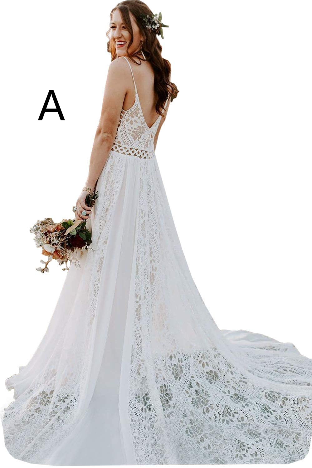 Bohemia Long V-neck Backless Elegant Beach Lace Wedding Dresses