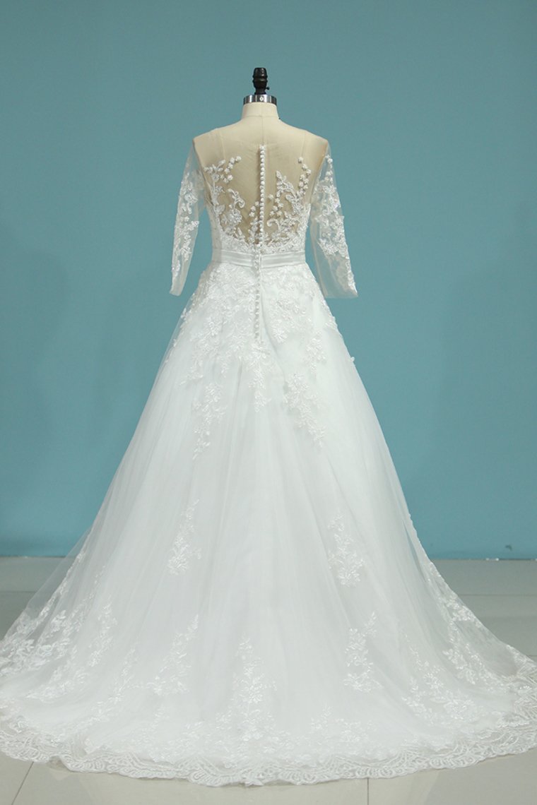 2024 Scoop A Line Wedding Dresses Tulle With Applique And Sash