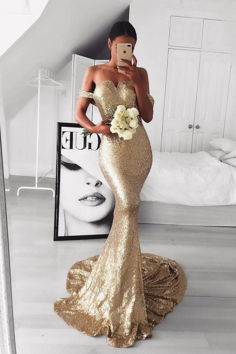 2024 Sequins Prom Dresses Mermaid Off The Shoulder Court Train