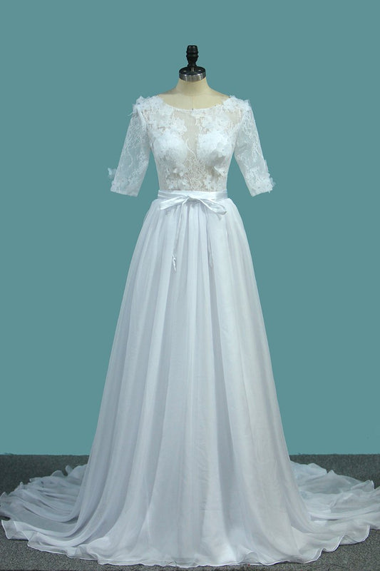 Wedding Dresses A Line Scoop With Sash And Handmade Flower Court Train