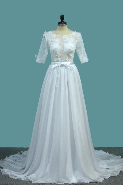 2024 Wedding Dresses A Line Scoop With Sash And Handmade Flower Court Train