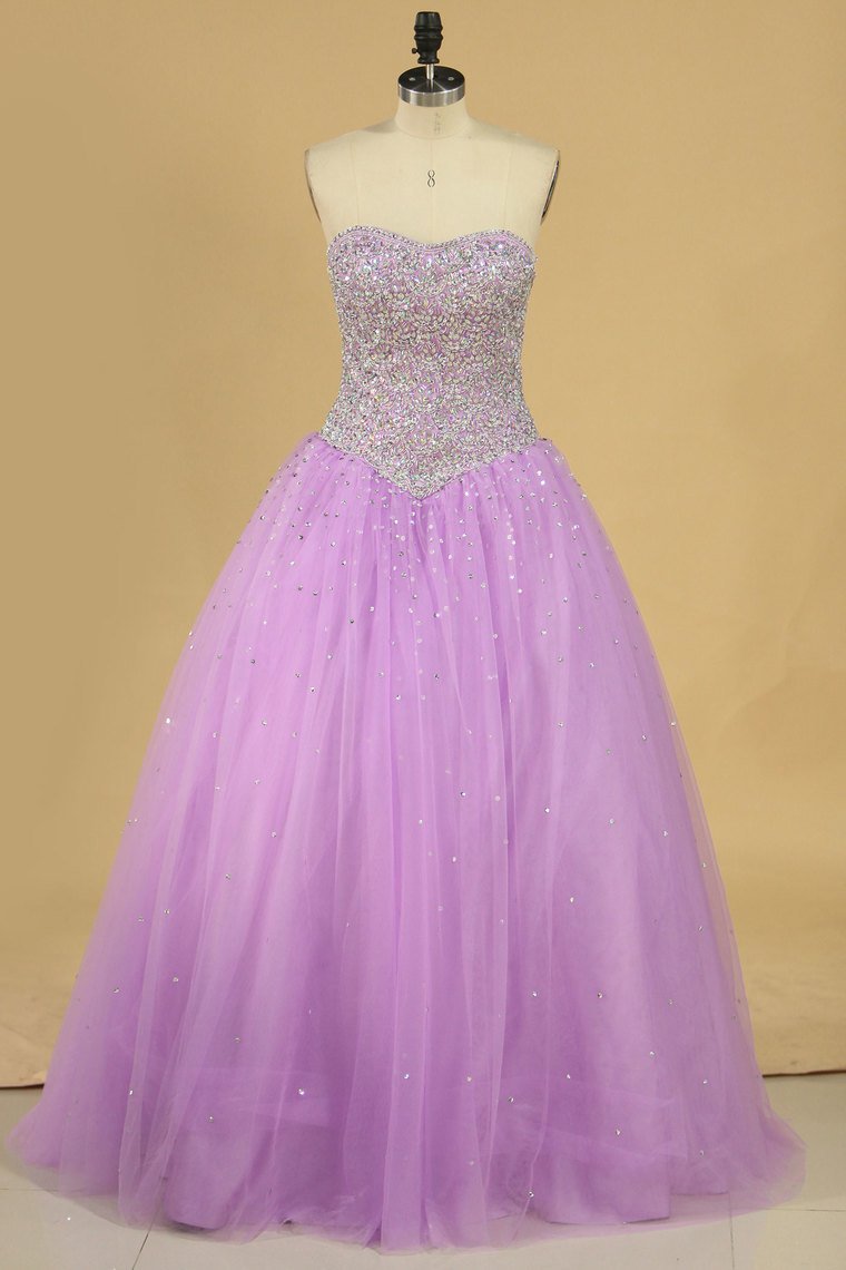 2024 Ball Gown Quinceanera Dresses Sweetheart Beaded Bodice Floor Length Tulle