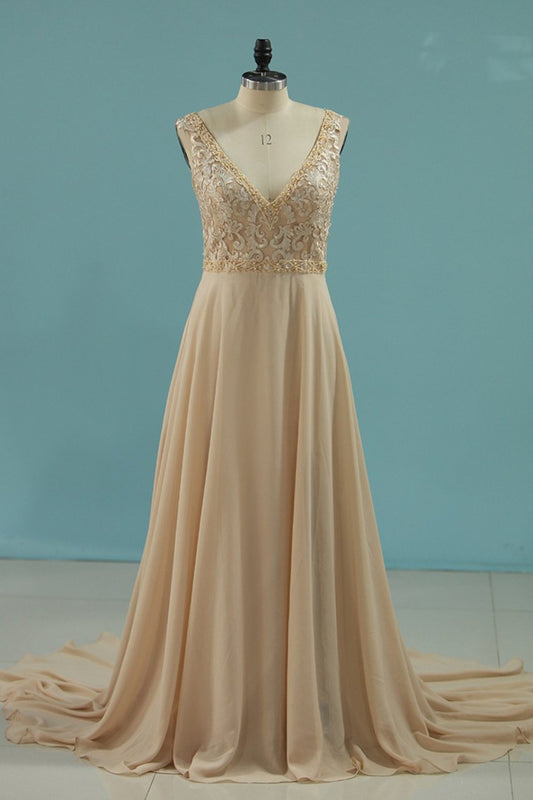 V Neck Wedding Dresses A Line Chiffon With Beads And Embroidery