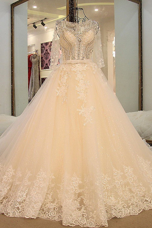 Long Sleeves Scoop Neck Wedding Dresses A Line With Beading Court Train Tulle Lace Up