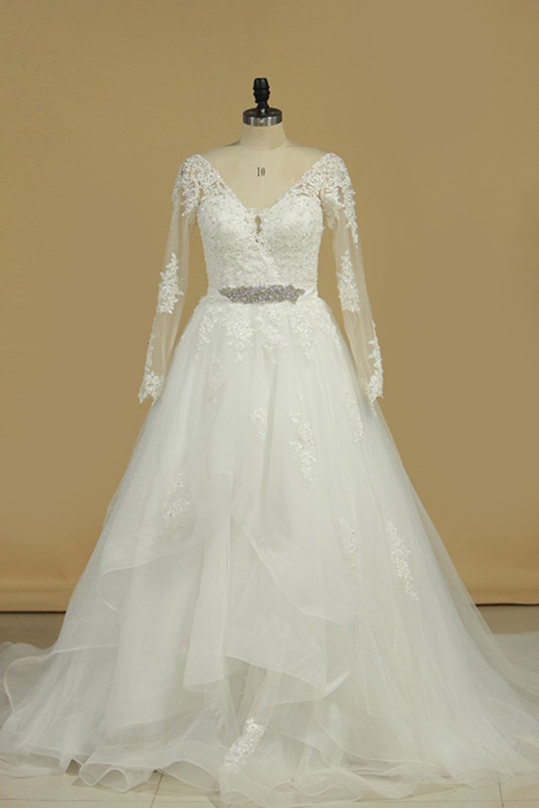 2024 Long Sleeves V Neck Tulle With Applique A Line Wedding Dresses