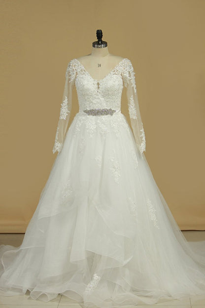 2024 Long Sleeves V Neck Tulle With Applique A Line Wedding Dresses