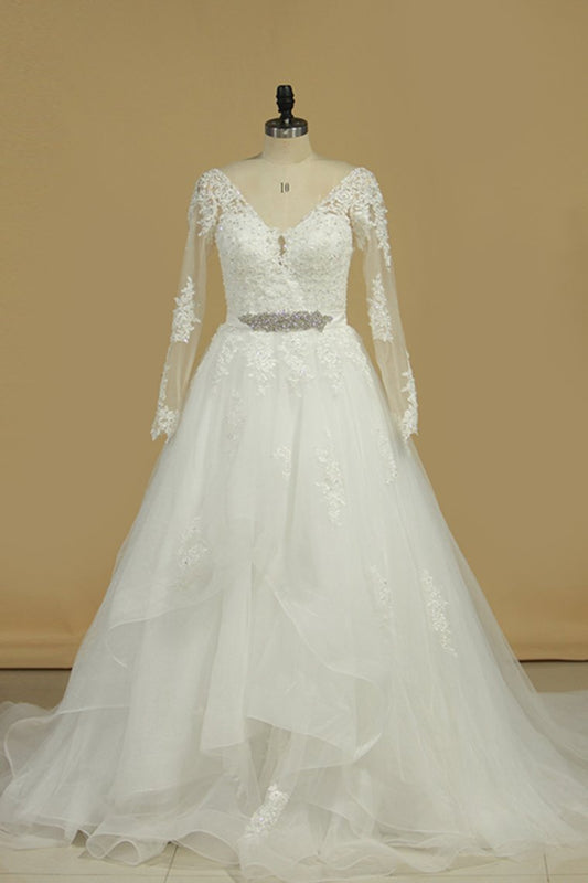 2024 Long Sleeves V Neck Tulle With Applique A Line Wedding Dresses