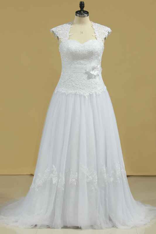 2024 Open Back A Line Tulle With Applique And Handmade Flower Wedding Dresses Court Train