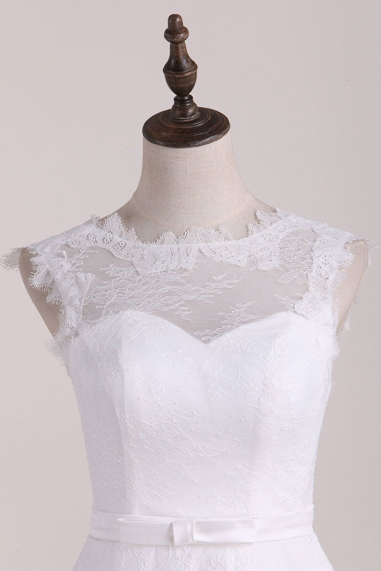 A Line Wedding Dresses Scoop Lace With Sash Tea-Length