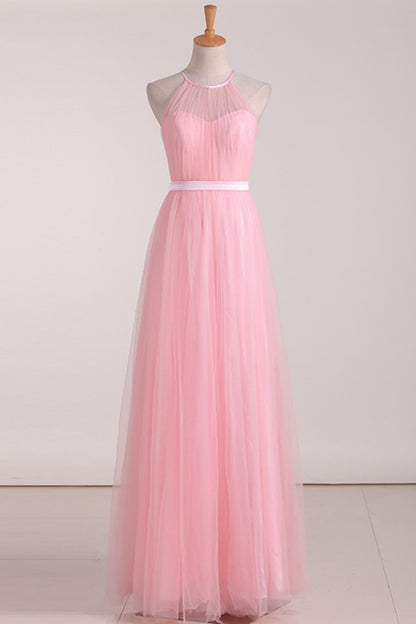 2024 Floor Length Halter Ruched Bodice A Line Tulle Bridesmaid Dresses