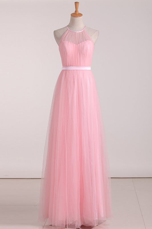 2024 Floor Length Halter Ruched Bodice A Line Tulle Bridesmaid Dresses