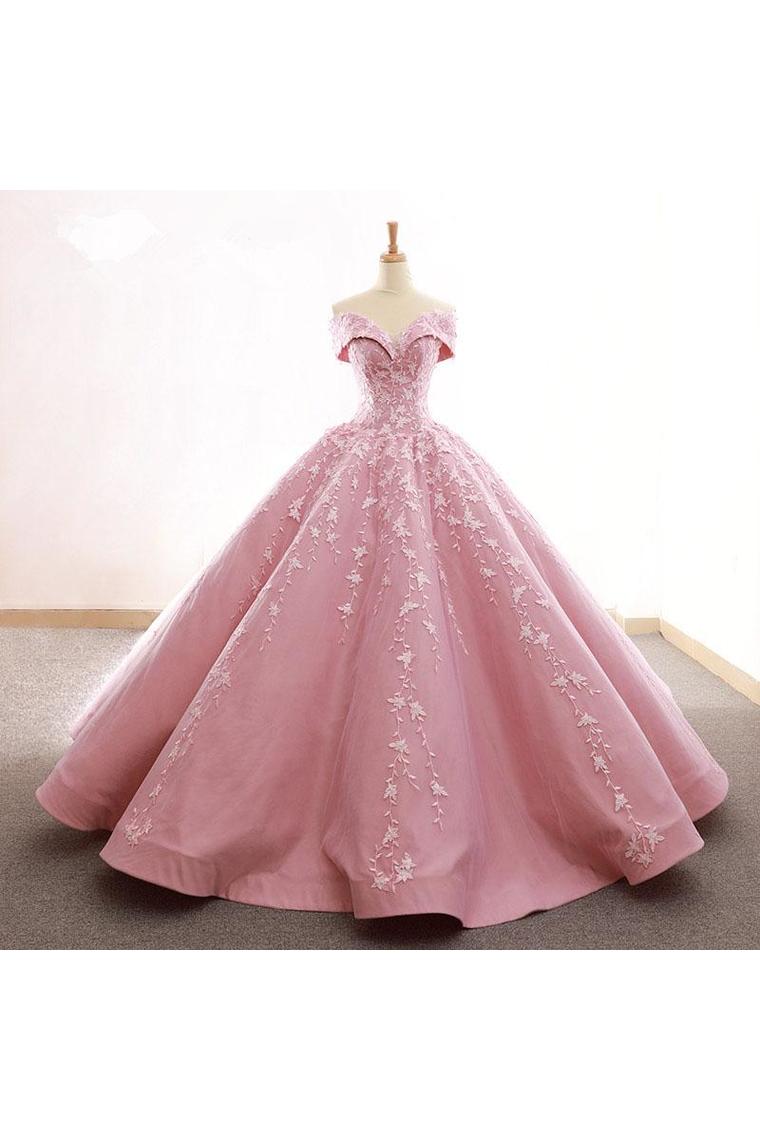 Ball Gown Off The Shoulder Satin Prom Dress With Appliques Long Quinceanera SRSPDJZ6JB1