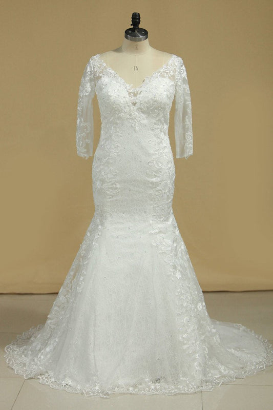 2024 New Arrival V Neck 3/4 Length Sleeves Mermaid Lace Wedding Dresses