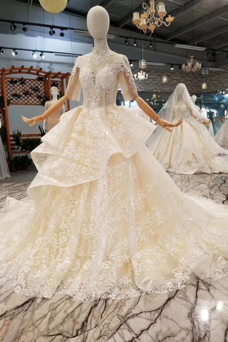 Luxury Wedding Dresses High Neck A-Line Lace Half Sleeves Open Back Cathedral Train