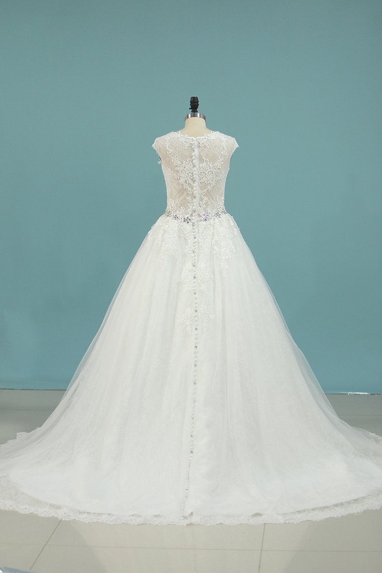 V Neck A Line Beaded Waistline Wedding Dresses Lace With Applique