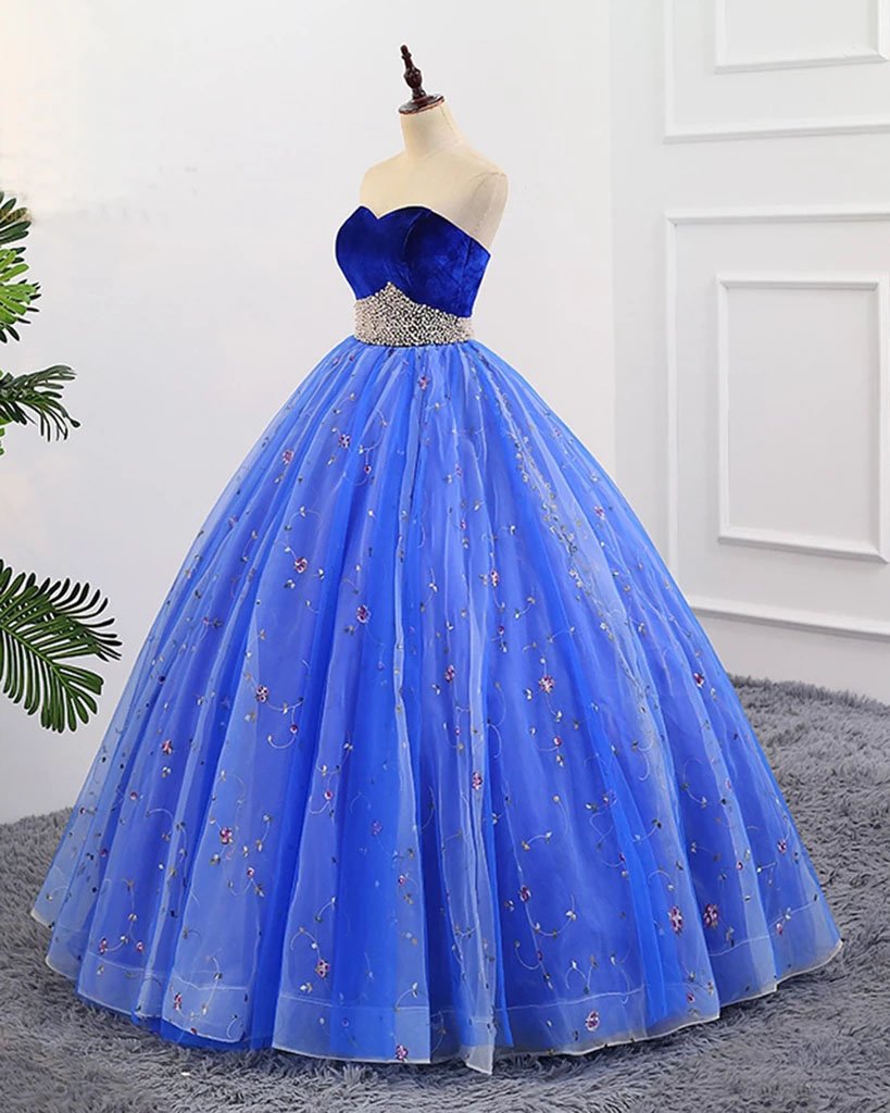 Ball Gown Sweetheart Strapless Blue Prom Dresses with Beading, Tulle Quinceanera Dresses SRS15073