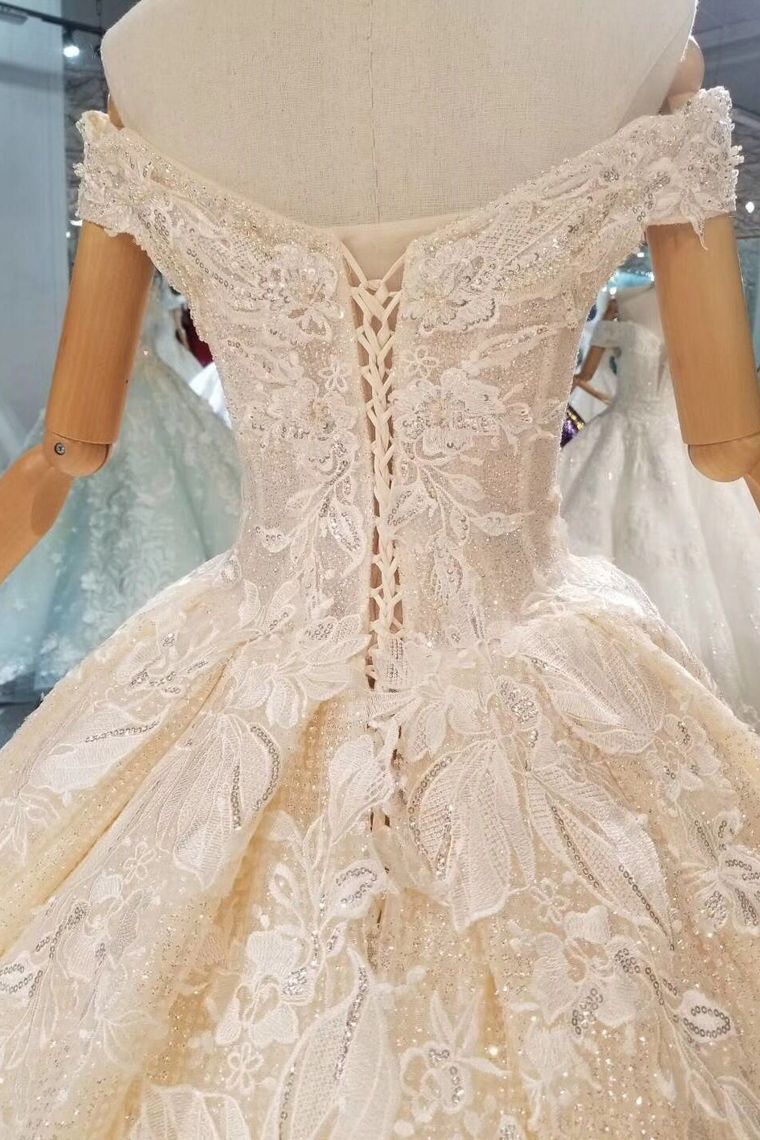 Off-The-Shoulder Ball Gown Lace Lace Up Back Royal Train Wedding Dress