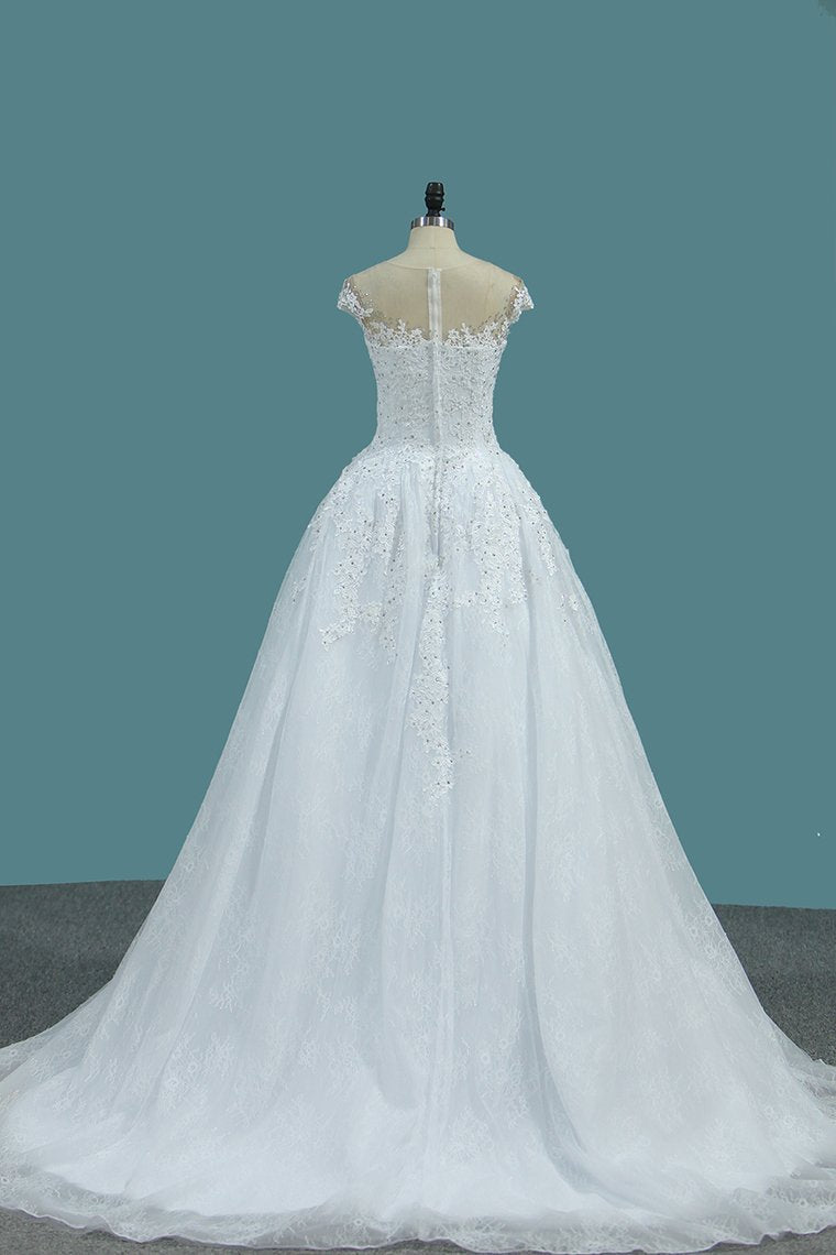 2024 Tulle Scoop A Line Wedding Dresses With Applique And Beads Court Train