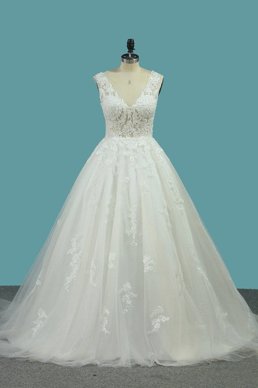 Tulle Wedding Dresses V Neck A Line With Applique Court Train