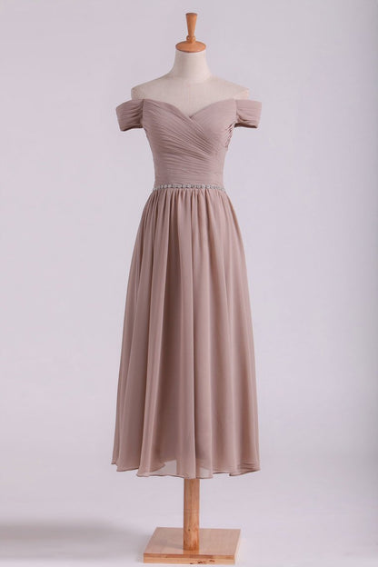 2024 Off The Shoulder Bridesmaid Dresses A-Line Tea Length Chiffon