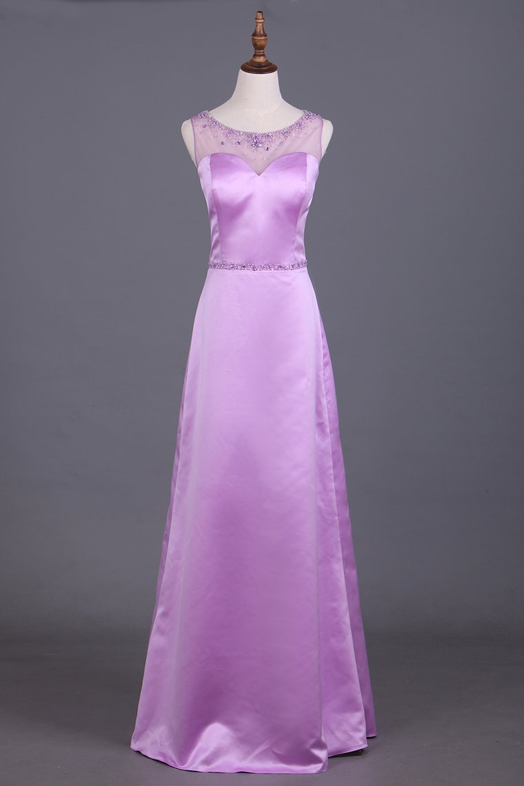 2024 Scoop Bridesmaid Dresses Satin With Beading Sheath Floor Length