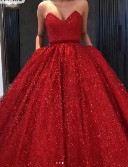 Sparkly Ball Gown Burgundy Strapless Sweetheart Prom Dresses, Long Quinceanera Dresses SJS15428