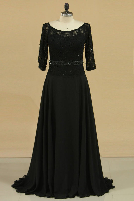 2024 Black Mother Of The Bride Dresses 3/4 Length Sleeve A Line Chiffon & Lace Sweep Train