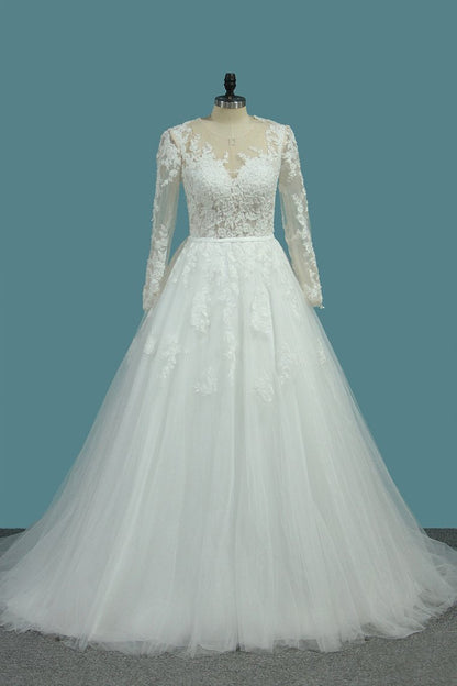 2024 Long Sleeves Scoop Tulle A Line Wedding Dresses With Applique Court Train