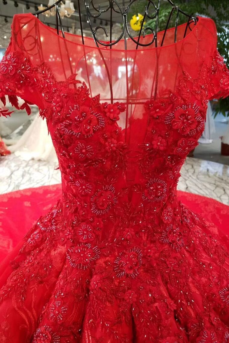 Red Ball Gown Luxury Wedding Dresses Bateau Cap Sleeves Royal Train Lace