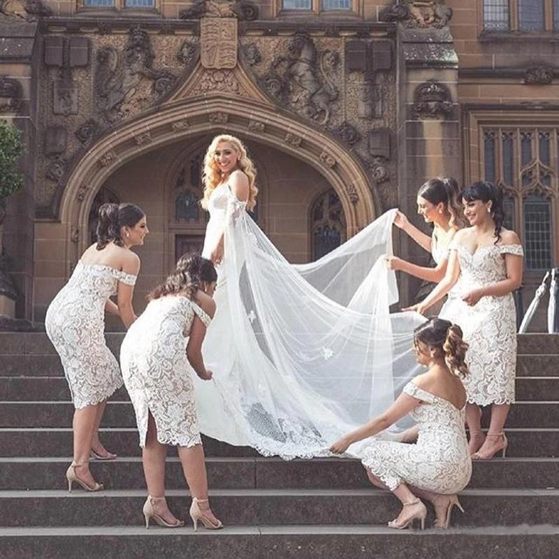 Unique Mermaid Off the Shoulder Ivory Lace Sweetheart Bridesmaid Dresses with Slit SJS15540