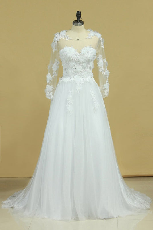 2024 Hot Long Sleeves Wedding Dresses Scoop Tulle With Applique