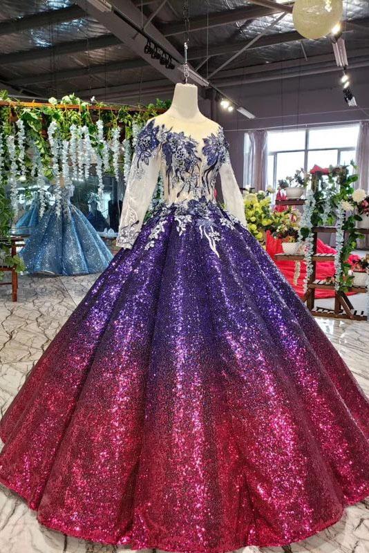 Ball Gown Ombre Sparkly Long Sleeve Sequins Prom Dresses, Quinceanera Dresses SJS15066