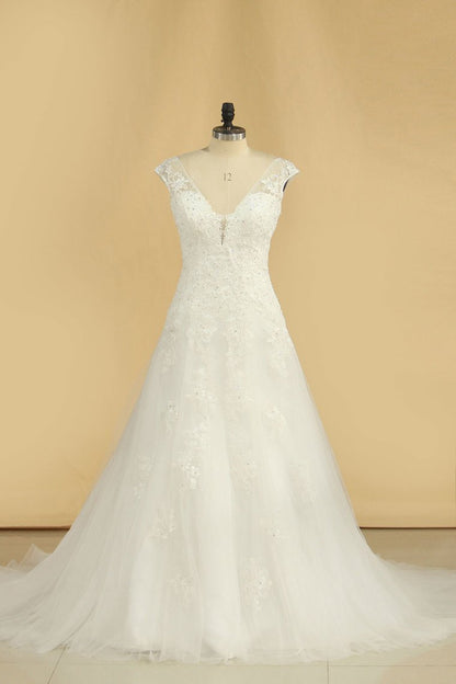 2024 V Neck A Line Wedding Dresses Tulle With Applique Court Train