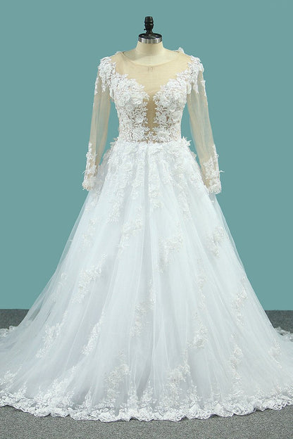 2024 Gorgeous Wedding Dresses A-Line Scoop Long Sleeves Tulle With Applique Chapel Train