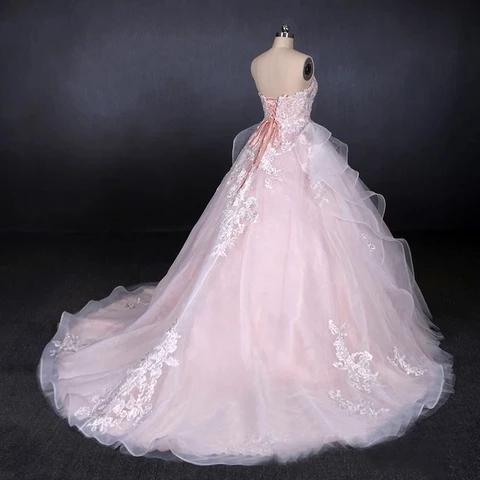 Ball Gown Strapless Sweetheart Wedding Dresses with Lace Applique, Tulle Prom Dresses SRS15070