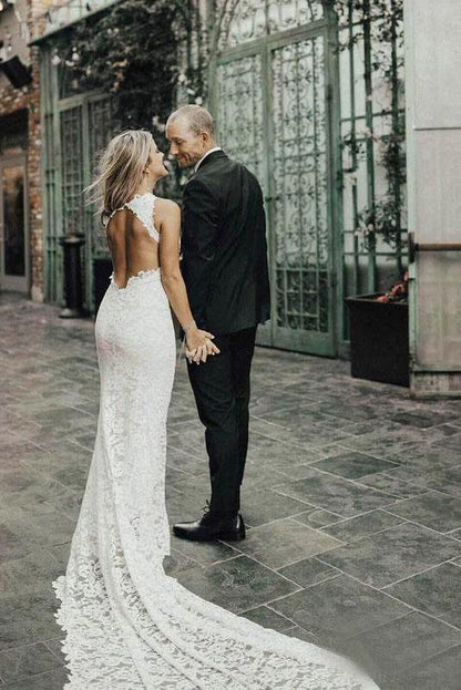 Charming Sheath Lace Bridal Gown with Slit Open Back Ivory Boho Wedding Dresses SRS15124