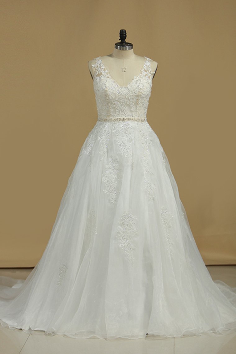 Wedding Dresses A Line V Neck Open Back Organza With Applique Court Train